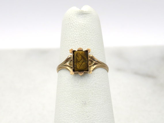 Antique 14k gold carved tigers eye cameo ring - image 6