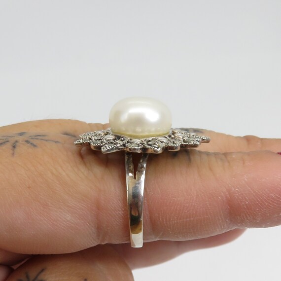 Vintage sterling silver pearl and marcasite flowe… - image 10