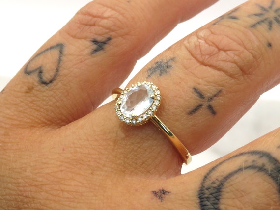 Vintage 14K Gold Aquamarine diamond halo ring - image 8