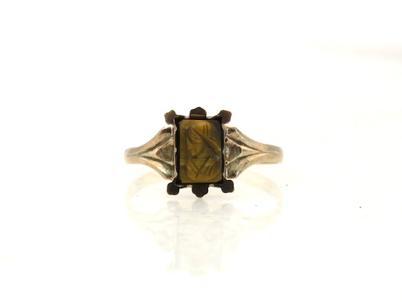 Antique 14k gold carved tigers eye cameo ring - image 2