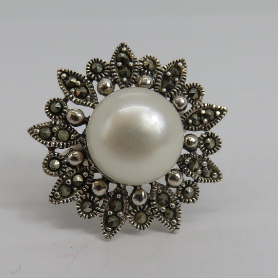 Vintage sterling silver pearl and marcasite flowe… - image 2