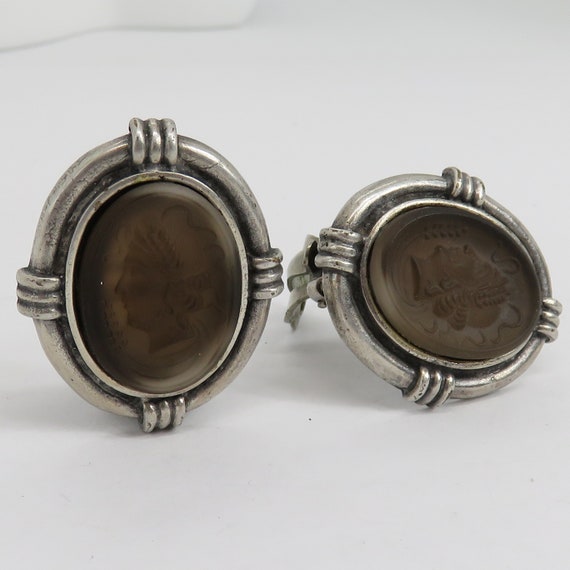 Vintage silver tone costume cameo clip on earrings - image 1