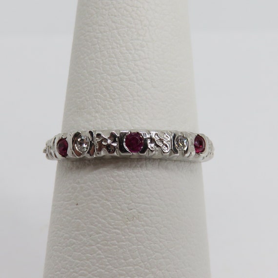 Vintage 14k white gold diamond and ruby band ring - image 2