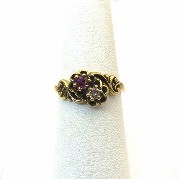Antique 14k gold diamond and garnet flower ring - image 1