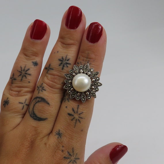 Vintage sterling silver pearl and marcasite flowe… - image 6