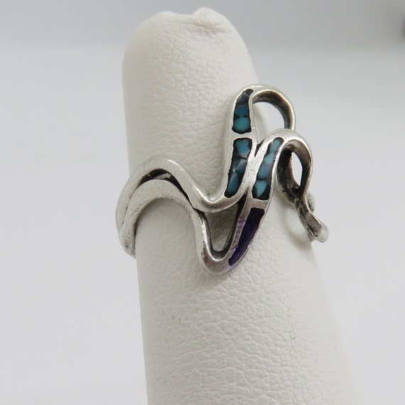 Vintage sterling silver inlay turquoise modernist… - image 2