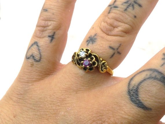 Antique 14k gold diamond and garnet flower ring - image 9