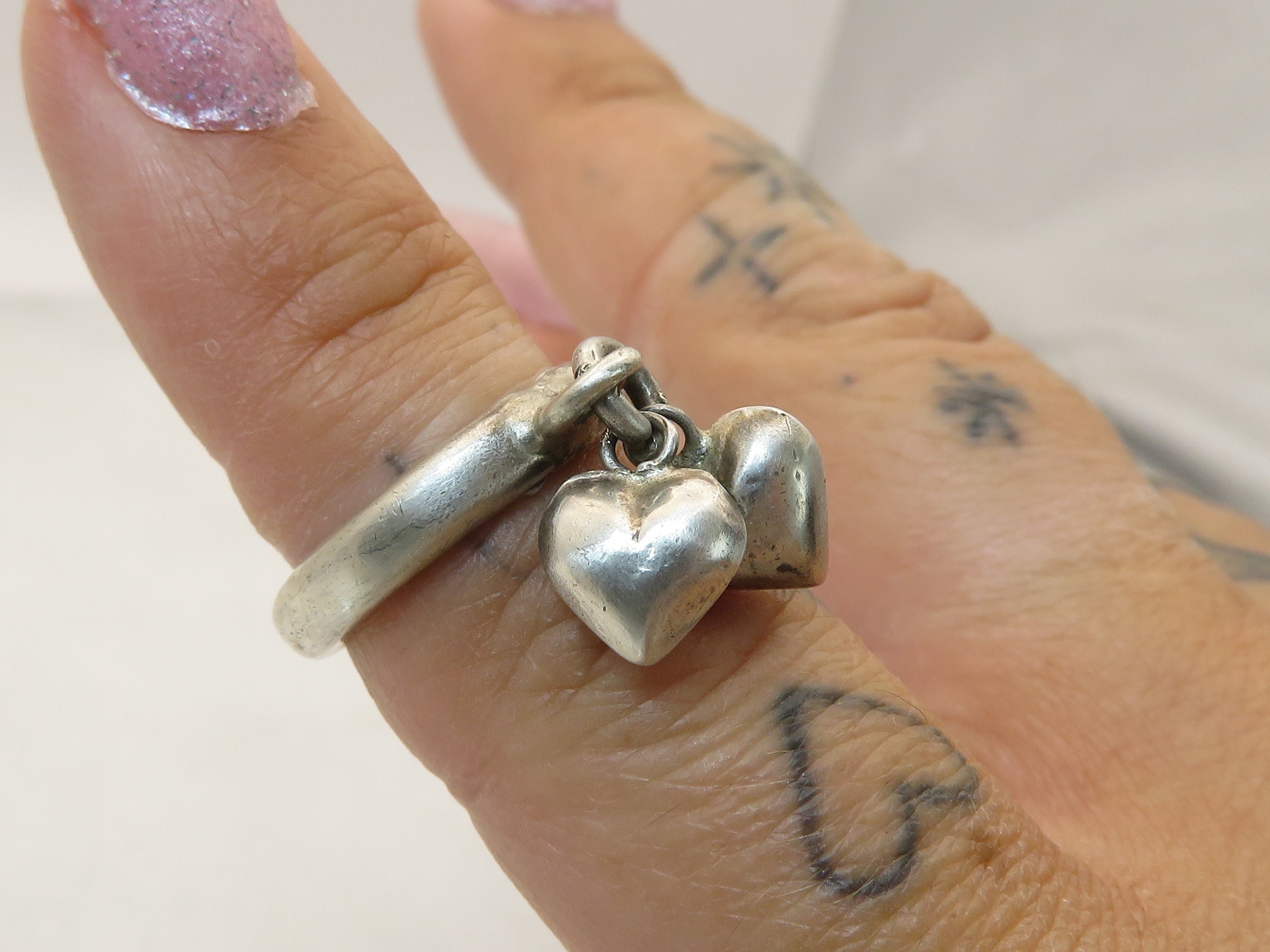 低価格 Silver Sterling Vintage Puffy Etsy - Ring Dangle Heart アクセサリー