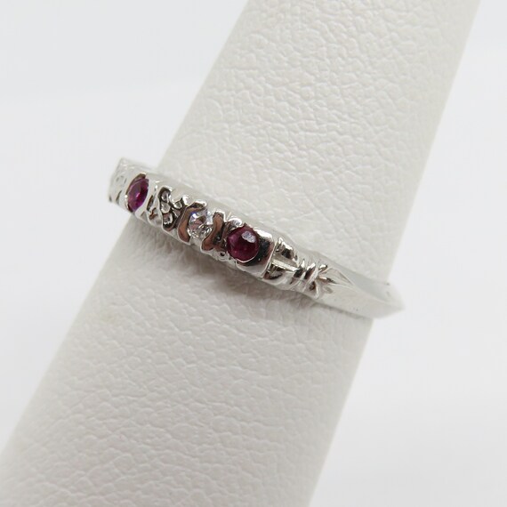 Vintage 14k white gold diamond and ruby band ring - image 4