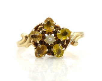 Anillo antiguo de oro de 14k con citrino y perlas en forma de racimo floral