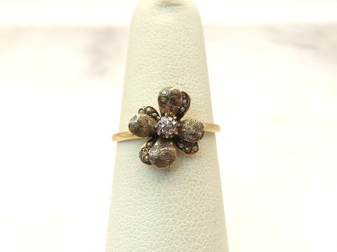 Antique 14k Gold Diamond and Seed Pearl Lucky Clover Ring - Etsy