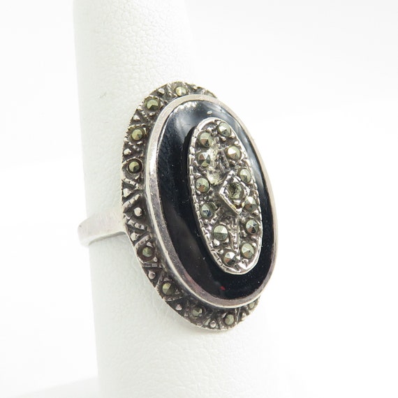Vintage sterling silver onyx and marcasite ring - image 1