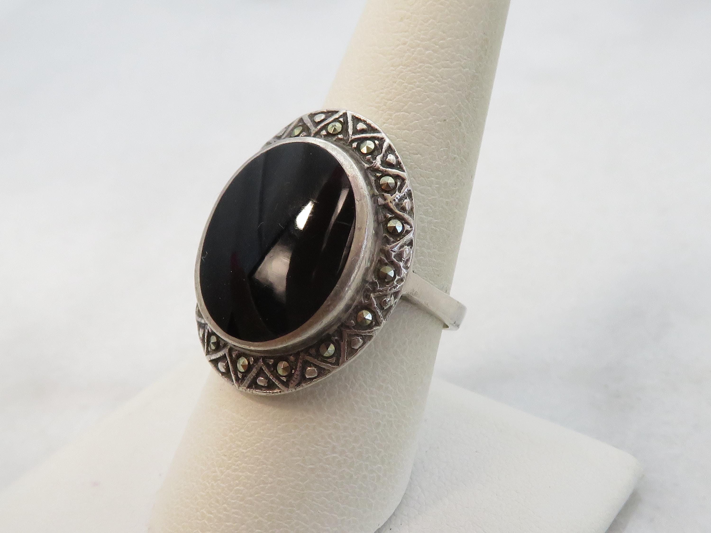 ヴィンテージ スターリングシルバー オニキス＆マーカサイト リング