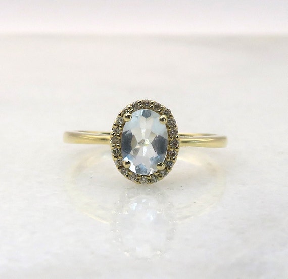 Vintage 14K Gold Aquamarine diamond halo ring - image 1