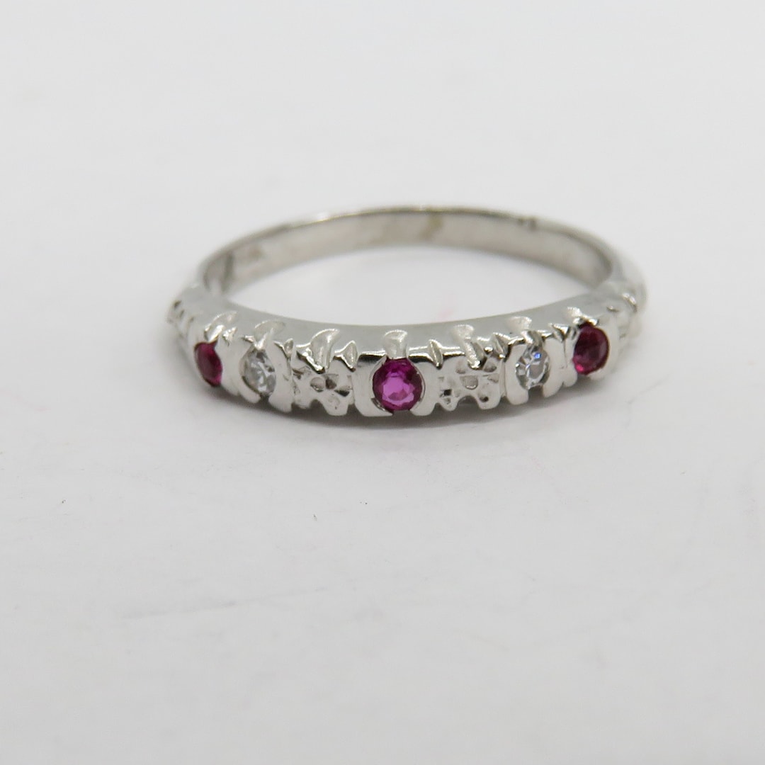 Vintage 14k White Gold Diamond and Ruby Band Ring - Etsy