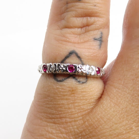 Vintage 14k white gold diamond and ruby band ring - image 7