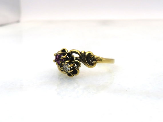 Antique 14k gold diamond and garnet flower ring - image 4