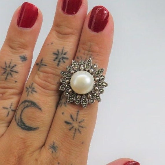 Vintage sterling silver pearl and marcasite flowe… - image 1