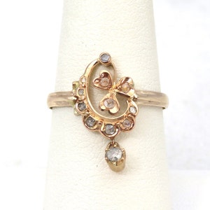 Antique 14k gold rose cut diamond lucky clover dangle ring