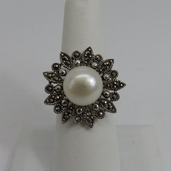 Vintage sterling silver pearl and marcasite flowe… - image 3