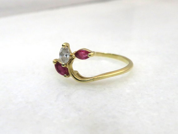 Vintage 14k gold marquise cut ruby and diamond ri… - image 7