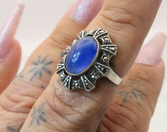 Art Deco sterling silver calcedony marcasite ring