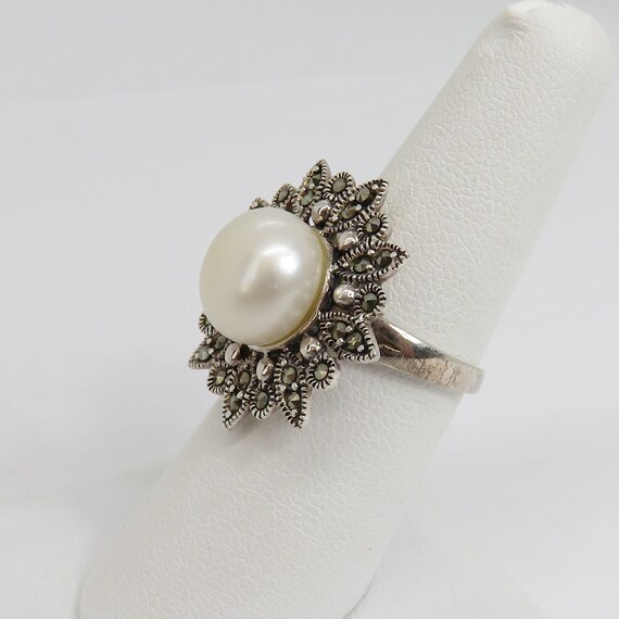 Vintage sterling silver pearl and marcasite flowe… - image 5