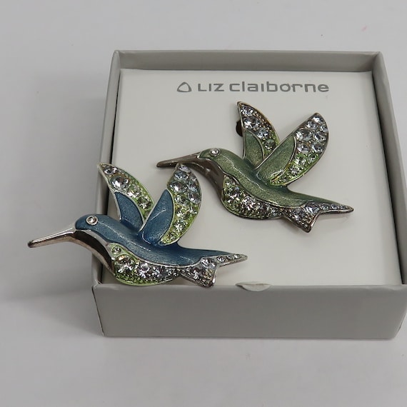 Vintage enamel Liz Claiborne hummingbird brooches… - image 1