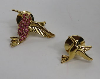Juego de 2 pasadores de colibrí de cristal australiano en tono dorado Vintage Avon Smithsonian en caja original