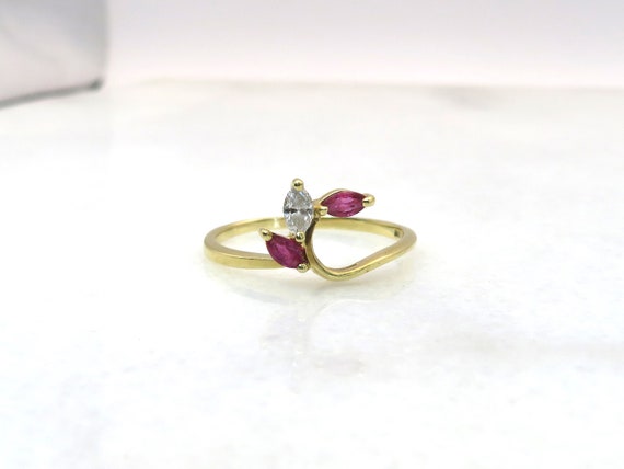 Vintage 14k gold marquise cut ruby and diamond ri… - image 2