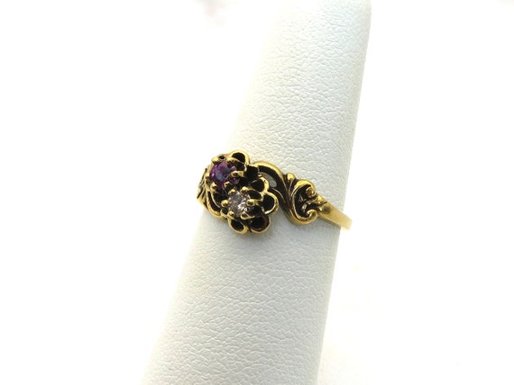 Antique 14k gold diamond and garnet flower ring - image 7