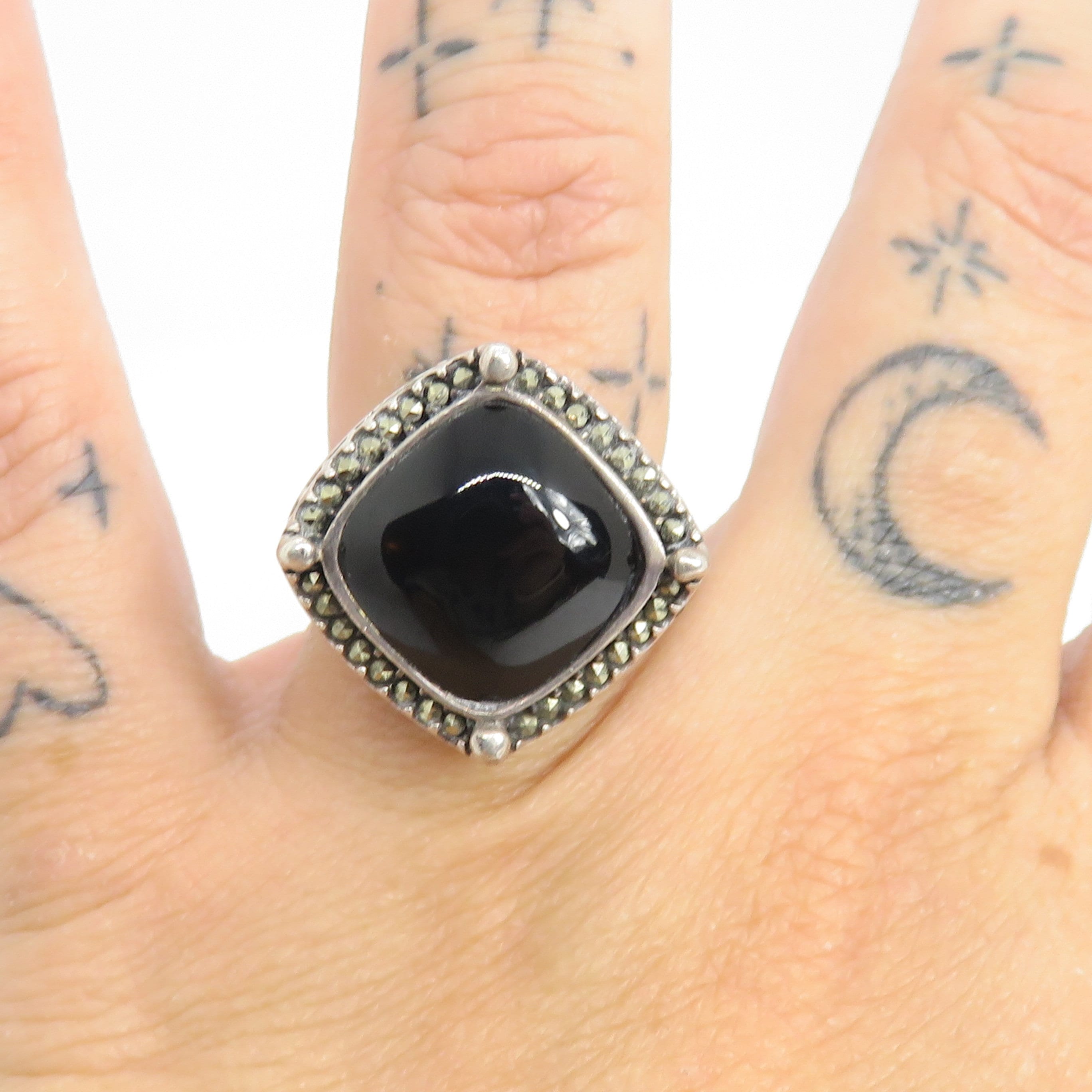 Bague Cocktail Vintage Argent Massif Avec Onyx Et Opale - Taille 53 - Bijou Occasion