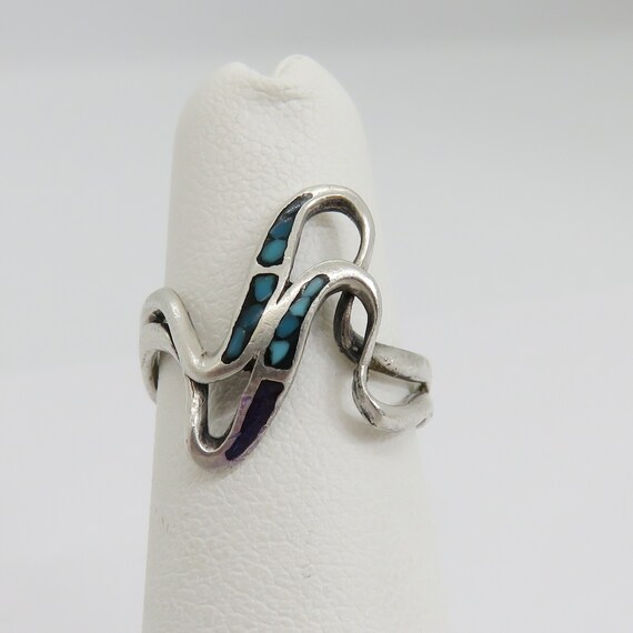 Vintage sterling silver inlay turquoise modernist… - image 1