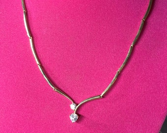 Gold Tone Cubic Zirconia Two Heart Necklace with Extenders