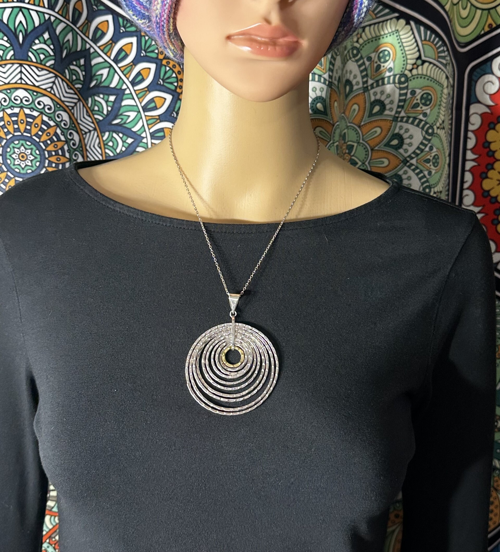 Sterling Silver and 14K Gold Filled Necklace with Two Tone Mexico Multi Circle Pendant