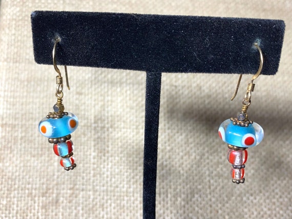 14KGF Blue and Red Glass Bead Earrings - image 1