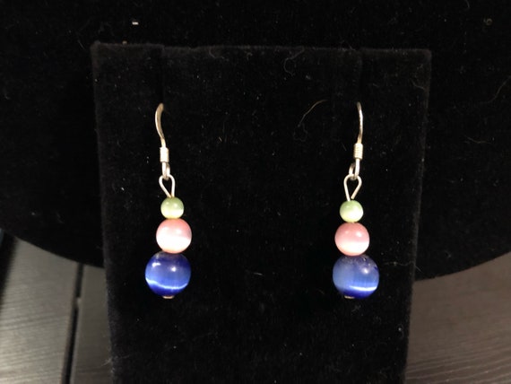 Sterling Silver Blue, Pink, and Green Cats Eye Be… - image 1