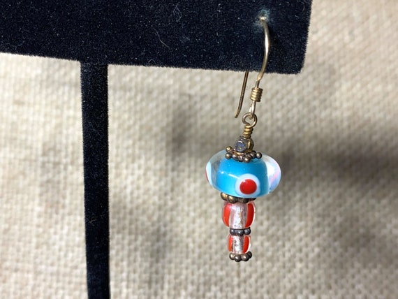 14KGF Blue and Red Glass Bead Earrings - image 2