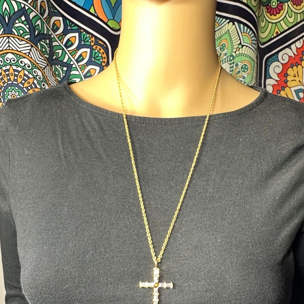 P.S Co. 1999 Gold Tone Cubic Zirconia and Mustard Seed Cross Necklace
