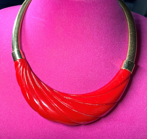 Vintage Monet Gold Tone Red Lucite Necklace - image 1