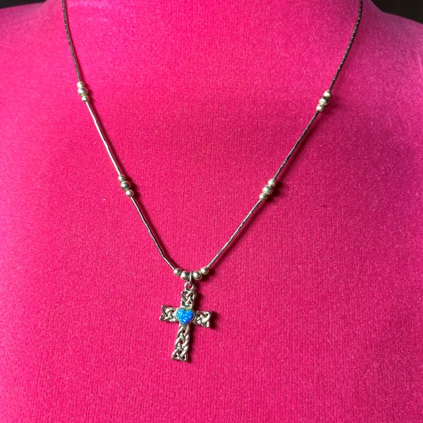 Liquid Silver Faux Opal Cross Necklace