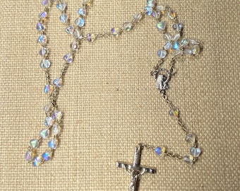 Silver Tone Rainbow Iridescent Heart Bead Rosary