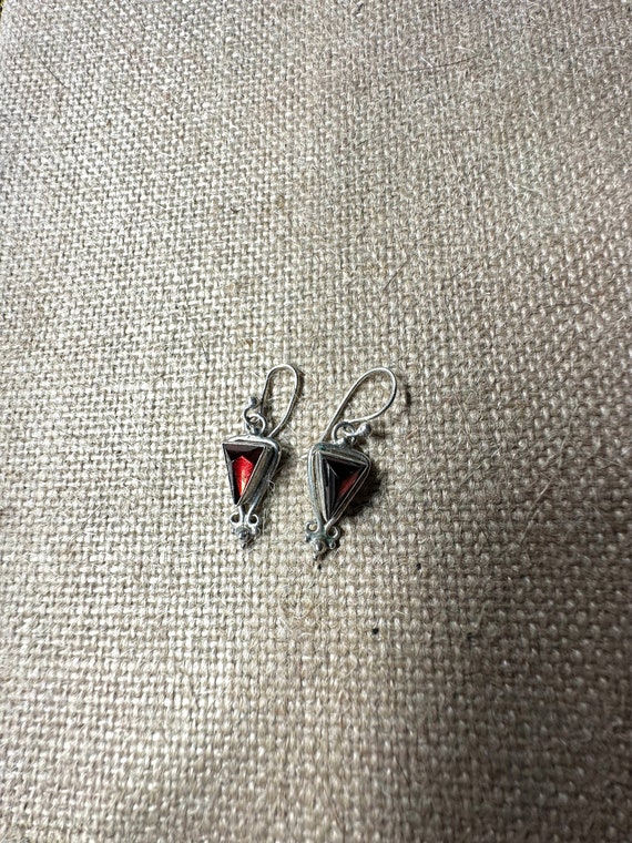 Vintage Sterling Silver Triangle Red Stone Earrin… - image 1