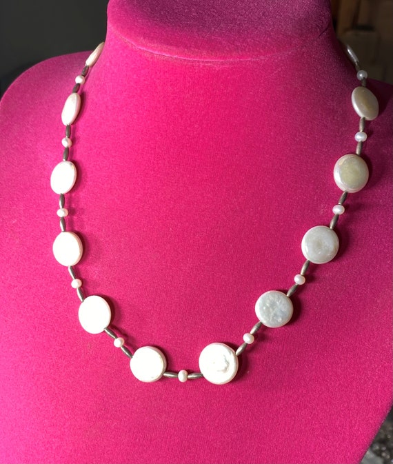 Sterling Silver Button/Coin Pearl Necklace - image 1
