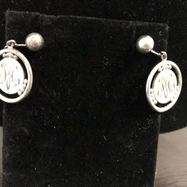 Vintage B.A. Ballou & Co. Sterling Silver Monogram "M" Screw Back Clip On Earrings