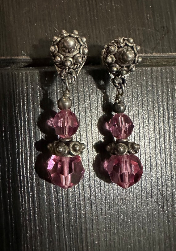 Sterling Silver Pink Crystal Earrings - image 2