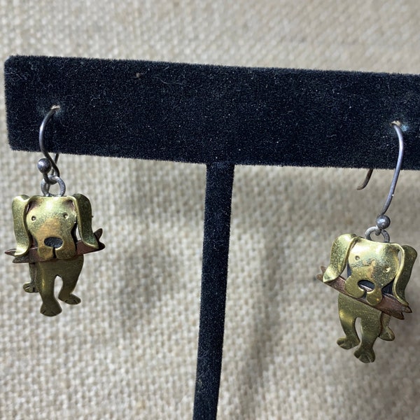 Far Fetched Sterling Silver, Brass and Copper Golden Retriever with Bone Dangle Earrings