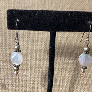 Sterling Silver Gray Pearl, Mother of Pearl, and Pink Crystal Bead Earrings
