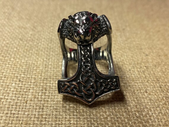 Stainless Steel Lion Thors Hammer Ring - image 2
