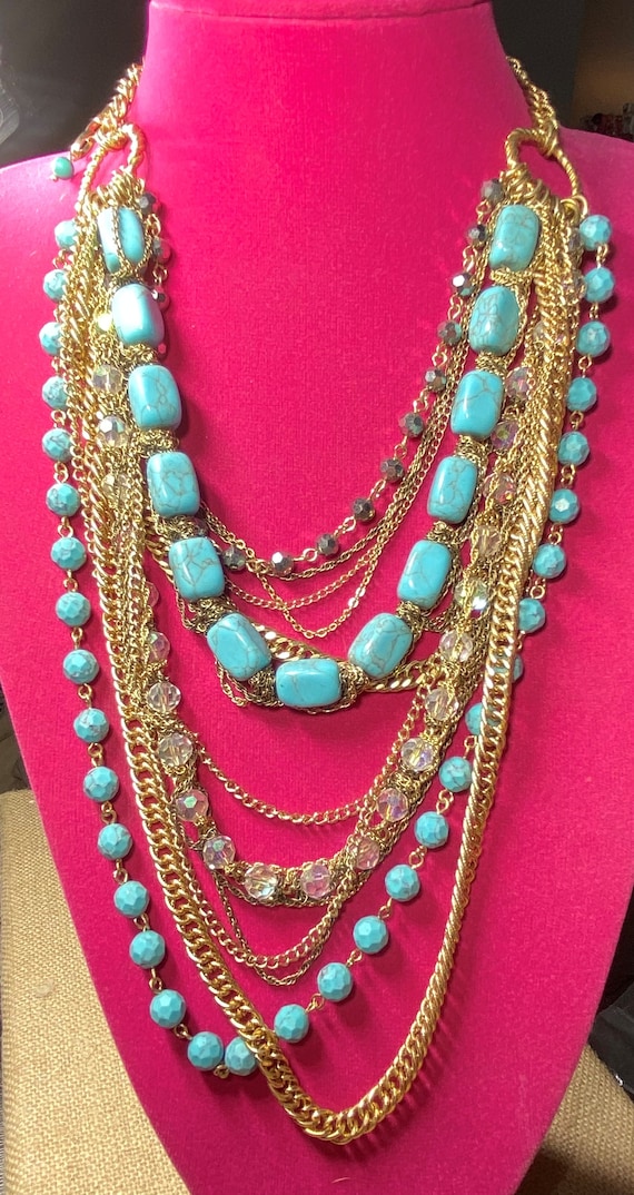 Sequin NYC Gold Tone Turquoise and Crystal Beaded 